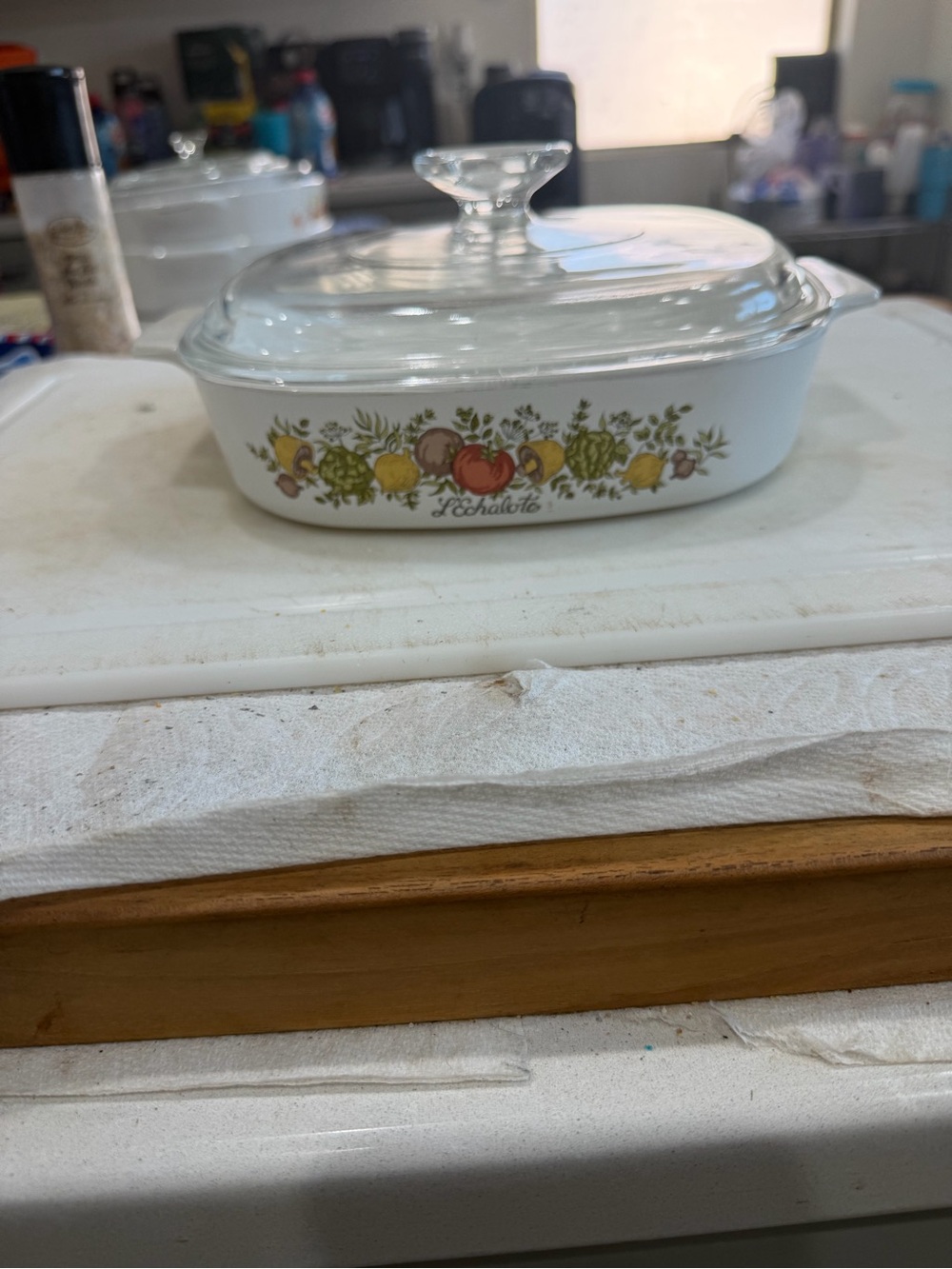 Corningware White Covered Casserole with Harvest Fruit Motif spice of life